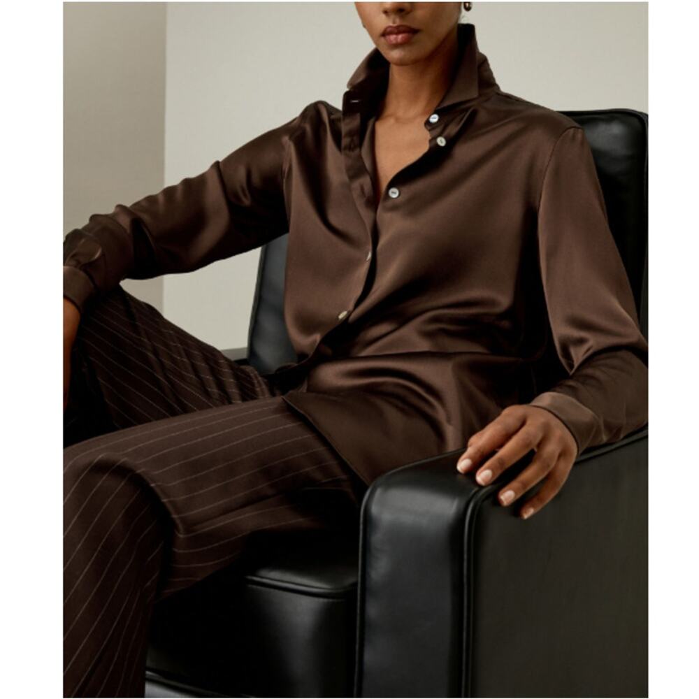 Lilysilk Spread Collar Silk Shirt Chocolate Size M - Picture 10 of 11